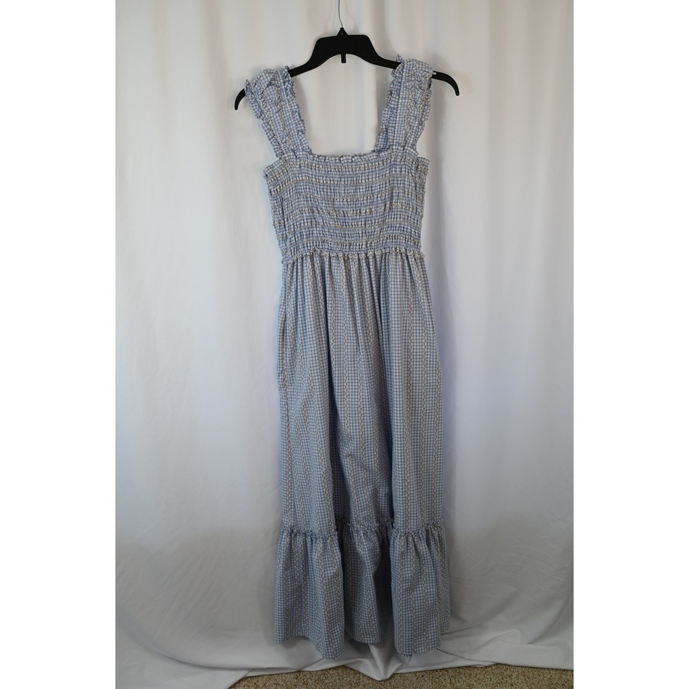 Max Studio London Blue Gingham Floral Smocked Maxi Dress XL Cottagecore